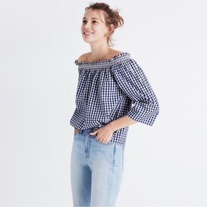 Madewell Navy and White Gingham Smocked Off Shoulder Top NWOT